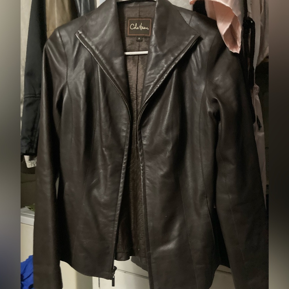 Cole haan brown leather jacket euc!